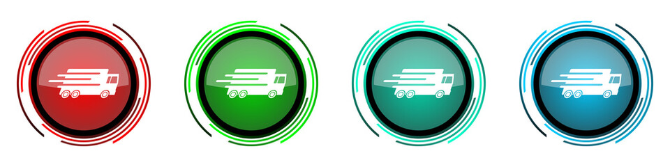 Speed transport round glossy vector icons, fast delivery, truck set of buttons for webdesign, internet and mobile phone applications in four colors options isolated on white background