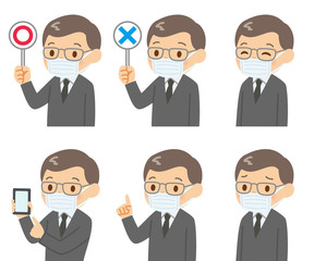 Fototapeta premium マスクをしたいろんな表情・ポーズのおじさん セット