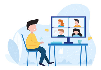 Concept social networking, web, online meetings. Video conference illustration. Group of people talking by internet. Stream, web chatting, online meeting friends.