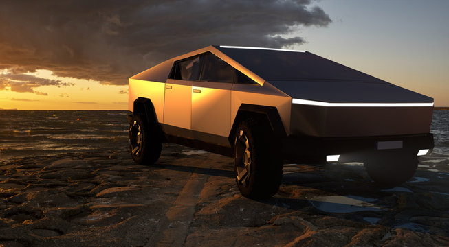 Tesla Cybertruck blended into a seaside landscape during a dramatic sunset