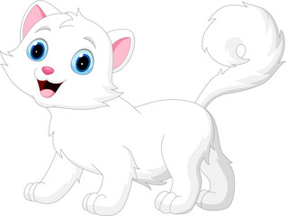 Cartoon funny white cat isolated on white background