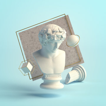 3d-illustration of an abstract composition of Antinous sculpture and primitive objects