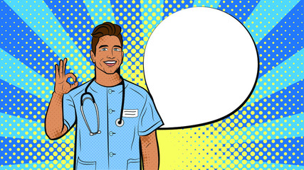 Doctor in pop art style. Vector background in comic style retro pop art. Illustration for print advertising and web.