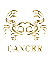 Fototapeta na wymiar Golden line vector logo of a crab. It is sign of cancer zodiac.