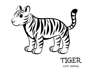 Black Vector illustration cartoon on a white background of a cute tiger. 