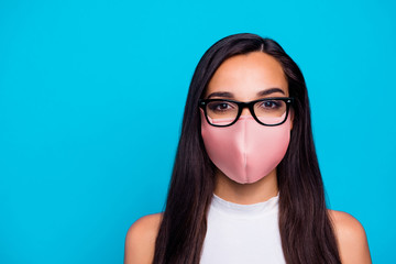 Closeup photo of pretty business lady ready for work quarantine time use respiratory safety mask...