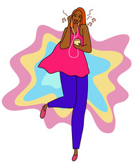 Trendy young woman happy dancing outdoors and listening to music with her headphones on abstract background. Flat design vector illustration.