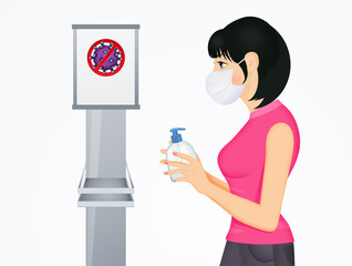 girl with sanitizing gel and surgical mask