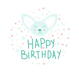 Cute Fennec. Doodle style. Pet. Cartoon character. Blue Fennec in cartoon style. Vector isolated illustration with an animal. Congratulations on the Birthday. Printing on postcards.