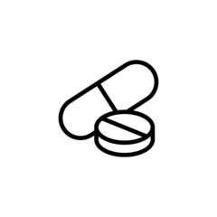 Medical pill icon vector in linear, outline style design isolated on white background, icon illustration, eps 10