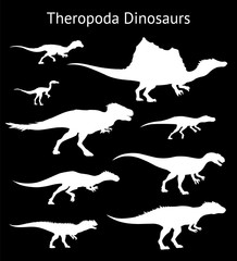 Obraz premium Sylwetki dinozaurów teropodów. Zestaw. Widok z boku. Ilustracja wektorowa monochromatyczne białe sylwetki dinozaurów na białym tle na czarnym tle. Teropody. Proporcjonalne wymiary.