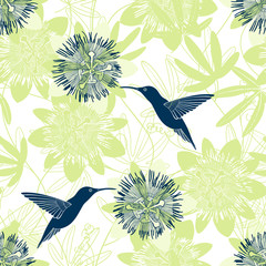 Seamless vector pattern with passionflowers and hummingbirds on white. Nature background.