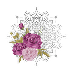 bouquet of roses and gray mandala