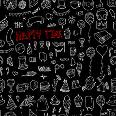 Party doodle seamless background seamless pattern. Drawing illustration hand drawn vector on chalkboard eps10