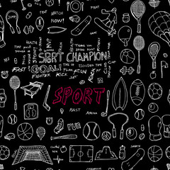 Sport doodle seamless background seamless pattern. Drawing illustration hand drawn vector on chalkboard eps10