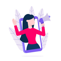 Refer a friend flat style design vector illustration concept. Woman with megaphone loud speaker standing up in the smartphone and shout out to the people. Friendly reference program.