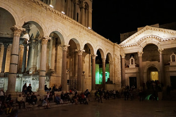 Exterior design and decoration of Diocletian's Palace at night,one of the best preserved monuments of the Roman architecture in the world- Split, Croatia