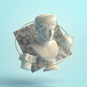 3d-illustration of an abstract composition of Hera sculpture and primitive objects
