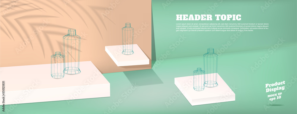 Aufkleber summer studio table with product display block background.vivid yellow orange and blue with palm lea