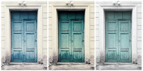 Fototapeta na wymiar Wooden vintage door in various colors. Ancient entrance concept background. Grunge aged and textured doorway backdrop.