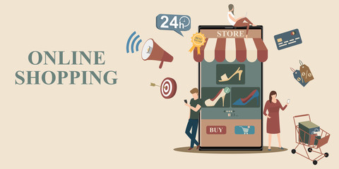 Obraz premium Online shopping concept. People shopping on their mobile phones. People are shopping near big store smart phone. Flat style vector illustration