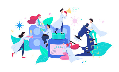 Modern scientists inventing new medicines. Flat vector illustration