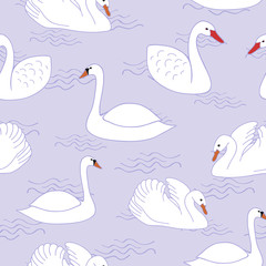 Obraz premium White swans illustration seamless pattern on purple background