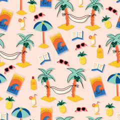 Summer beach seamless vector pattern. Cartoon style repeating background with palm trees, hammocks, sunglasses, cocktail, books, sun umbrella, beach towel. For fabric, surface pattern design