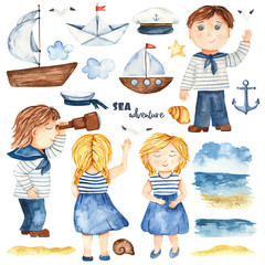 Nautical watercolor set with little sailors, girls, boys, ships, sailor hats, anchor, clouds, seagulls, shells, seascape