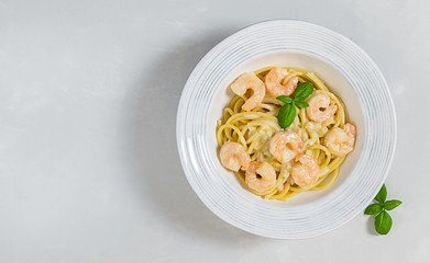 Spaghetti bucatini traditional italian pasta with garlic cream sauce and shrimps. Top view, copy space