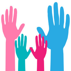 Colorful up hands. Raised hands volunteering. team work Family concept. Hands of mom, dad and children
