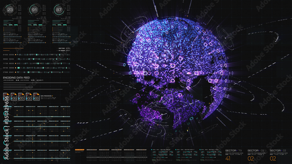Leinwandbilder Futuristic hi-tech graphic user interface head up display with digital code and data info graphic telemetry information display for desktop screen background