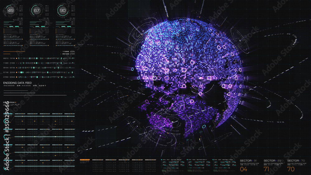 Poster Futuristic hi-tech graphic user interface head up display with digital code and data info graphic telemetry information display for desktop screen background