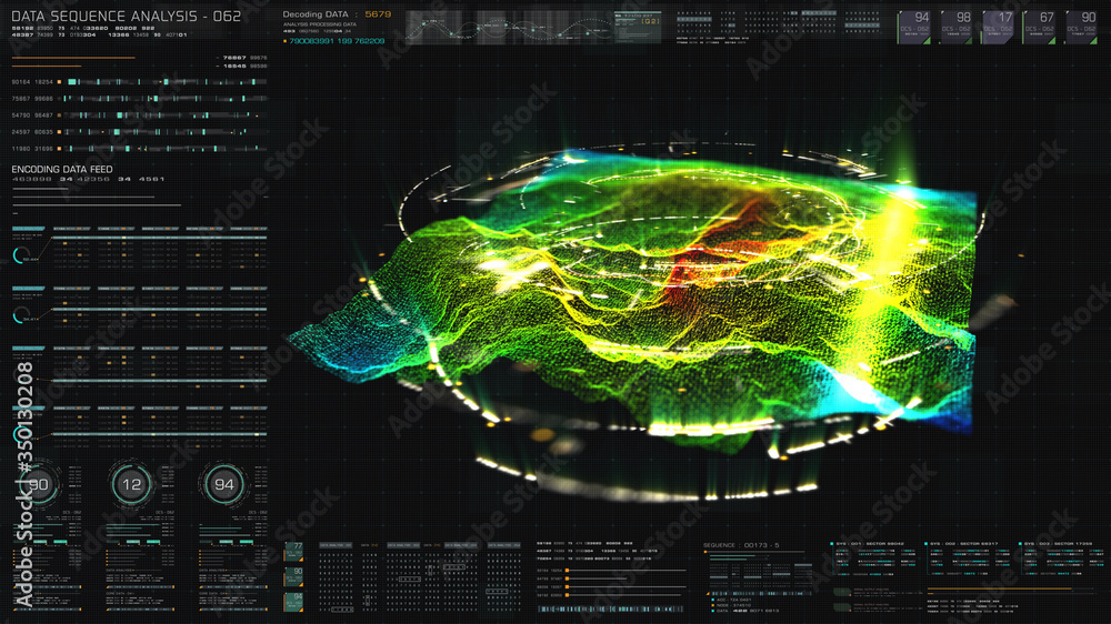 Poster Futuristic hi-tech graphic user interface head up display with digital code and data info graphic telemetry information display for desktop screen background