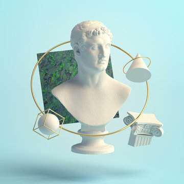 3d-illustration of an abstract composition of Ptolemy sculpture and primitive objects