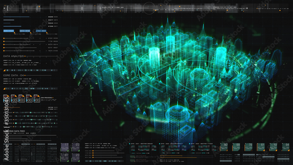 Poster Futuristic hi-tech graphic user interface head up display with digital code and data info graphic telemetry information display for desktop screen background
