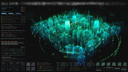Futuristic hi-tech graphic user interface head up display with digital code and data info graphic...