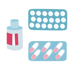 A set of drugs: tablets and capsules in blisters and a bottle. Medical preparations and pharmaceuticals. Medicine pills for healthcare. Stock vector  flat illustration isolated on white background.