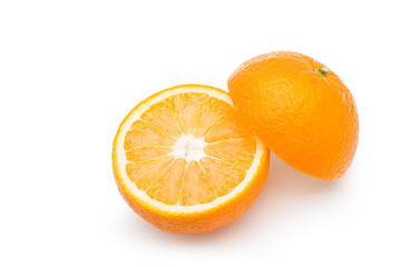 Orange cut in half on white background. Commercial image isolated with clipping path.