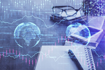 Double exposure of forex chart drawing and cell phone background. Concept of financial trading