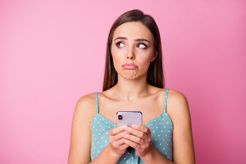 Close-up portrait of her she nice-looking attractive lovely cute pretty charming sad disappointed...