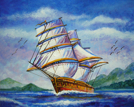 Art painting oil color   sailboat ,  barque in sea from thailand ,  Auspiciousness , prosperous , auspicious , fortune 