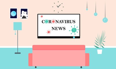 Illustrations depicting news on tv at home. Stay at home and catching up on news about coronavirus. Monitors the situation in the world. Isolation at home. Colorful vector illustration. Landing page.