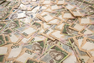 Fototapeta na wymiar Ukrainian Money backgrounds. 500 banknotes. Hryvnia (UAH). Top view