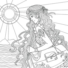 Girl with curly long hair goes to the beach. Sunny sea view. Summer coloring page. Outline illustration for coloring book for adults for art therapy.