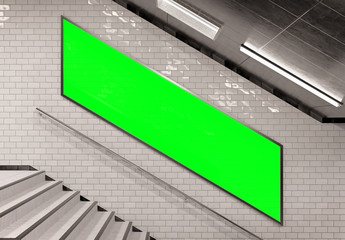 Parisian style billboard on underground stairs wall Mockup. Panoramic hoarding advertising in white tiles tunnel interior. 3D rendering © sdecoret