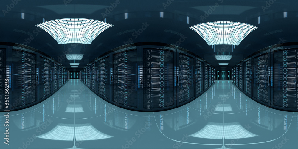 Fototapete High resolution HDRI panoramic view of a server data room center. 360 panorama reflection mapping of a computer storage system interior. 3D rendering