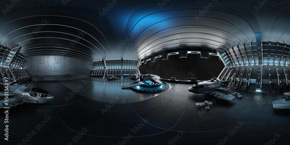 Poster high resolution hdri view of a dark blue futuristic landing strip spaceship interior. 360 panorama r