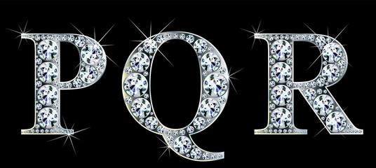Diamond alphabet letters. Stunning beautiful PQR jewelry set in gems and silver. Vector eps10 illustration.