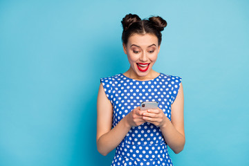 Photo of pretty funny lady open mouth hold telephone hands good mood check new followers...